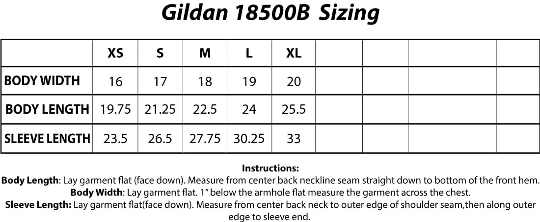 Gildan 18500B Youth Heavy Blend 8 oz., 50/50 Hood Sizing Chart