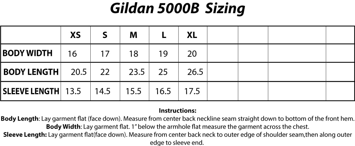 Gildan 5000B Youth Heavy Cotton 5.3 oz. T-Shirt Sizing Chart