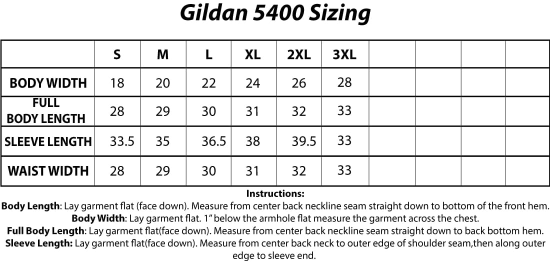 Gildan 5400 Adult Heavy Cotton 5.3 oz. Long-Sleeve T-Shirt Sizing Chart