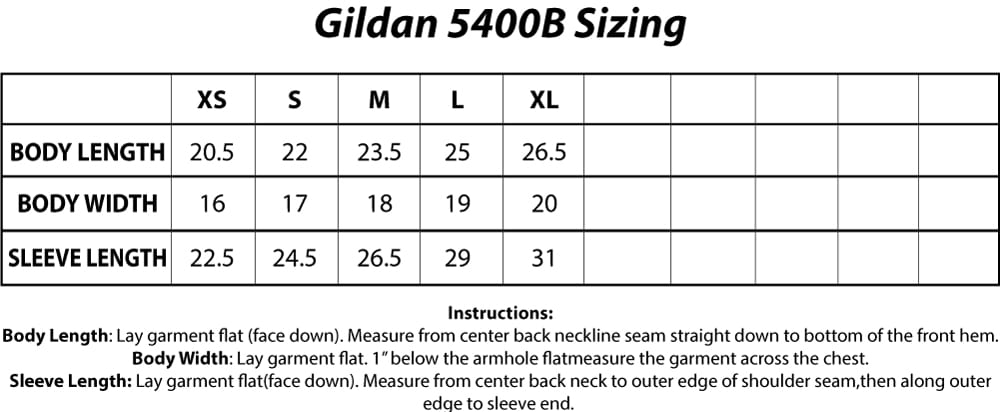 Gildan 5400B Youth Heavy Cotton 5.3 oz. Long-Sleeve T-Shirt Sizing Chart