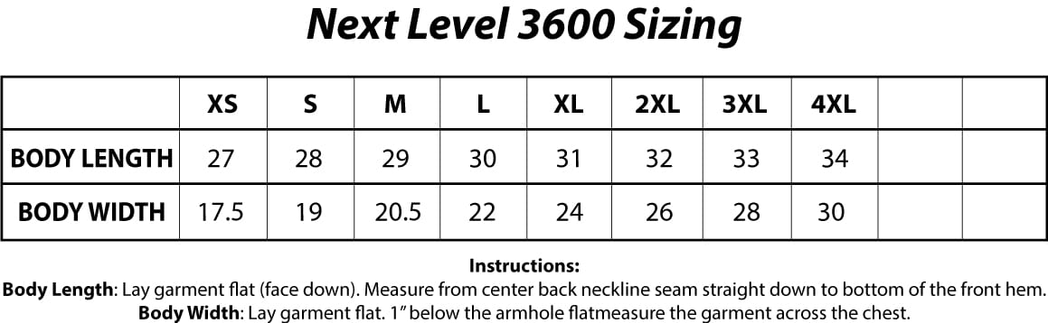 Next Level 3600 Unisex Cotton T-Shirt Sizing Chart