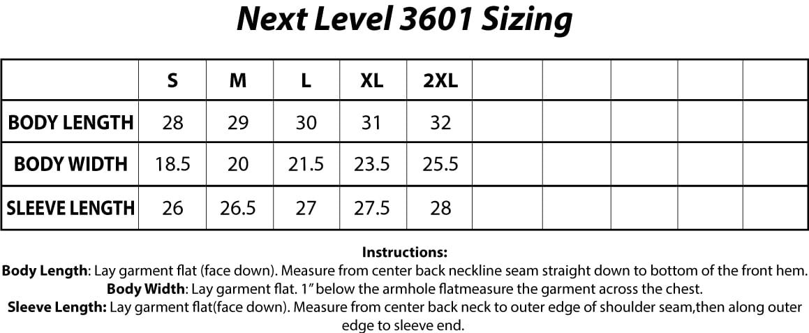 Next Level 3601 Men's Cotton Long-Sleeve Crew Sizing Chart