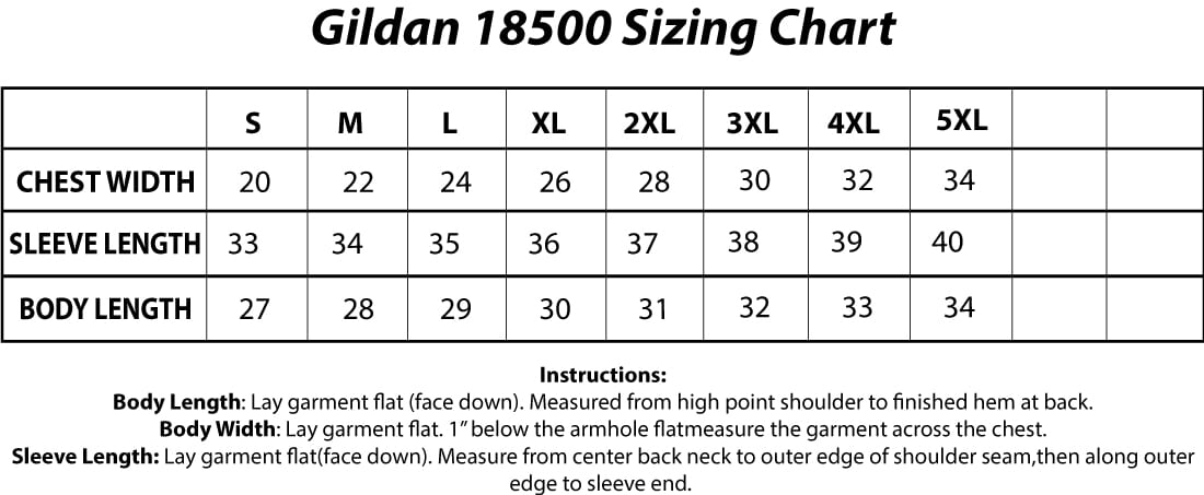 Gildan 18500 Adult Hooded Sweatshirt Sizing Chart
