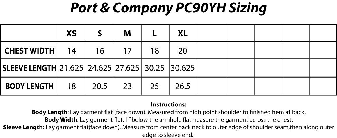 Port & Company® PC90YH Youth Core Fleece Pullover Hooded Sweatshirt Sizing Chart
