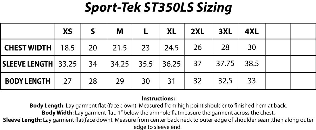 Sport-Tek® ST350LS Long Sleeve PosiCharge® Competitor™ Tee Sizing Chart