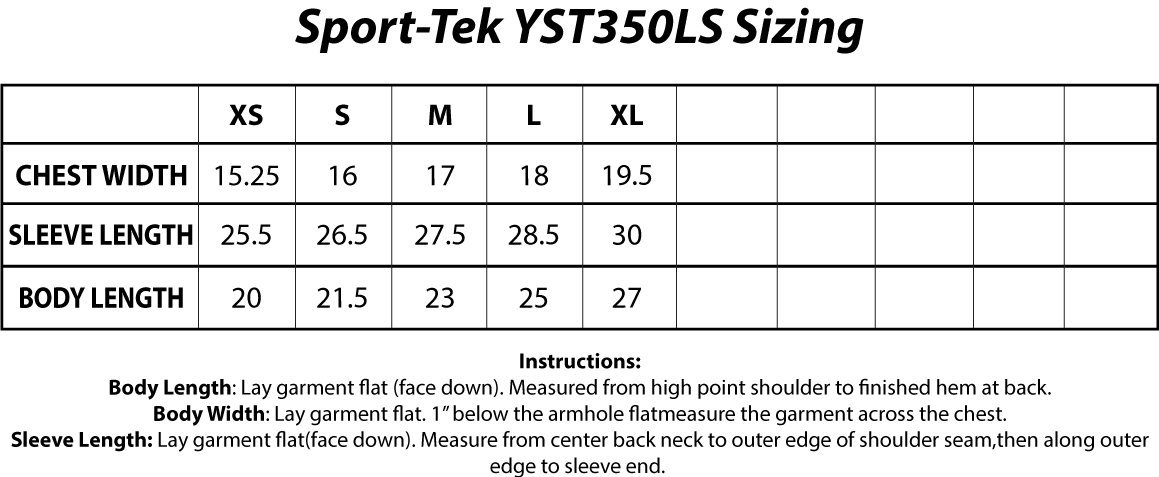 Sport-Tek® YST350LS Youth Long Sleeve PosiCharge® Competitor™ Tee Sizing Chart