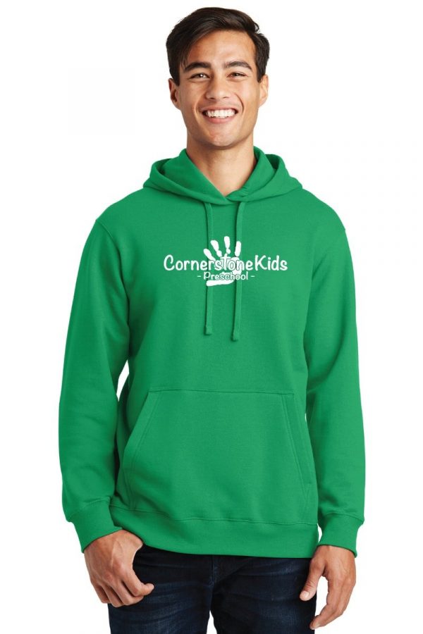 Cornerstone Kids Preschool Adult Long Sleeve Fleece Pullover Hoodie PC850H with a one-color front print.